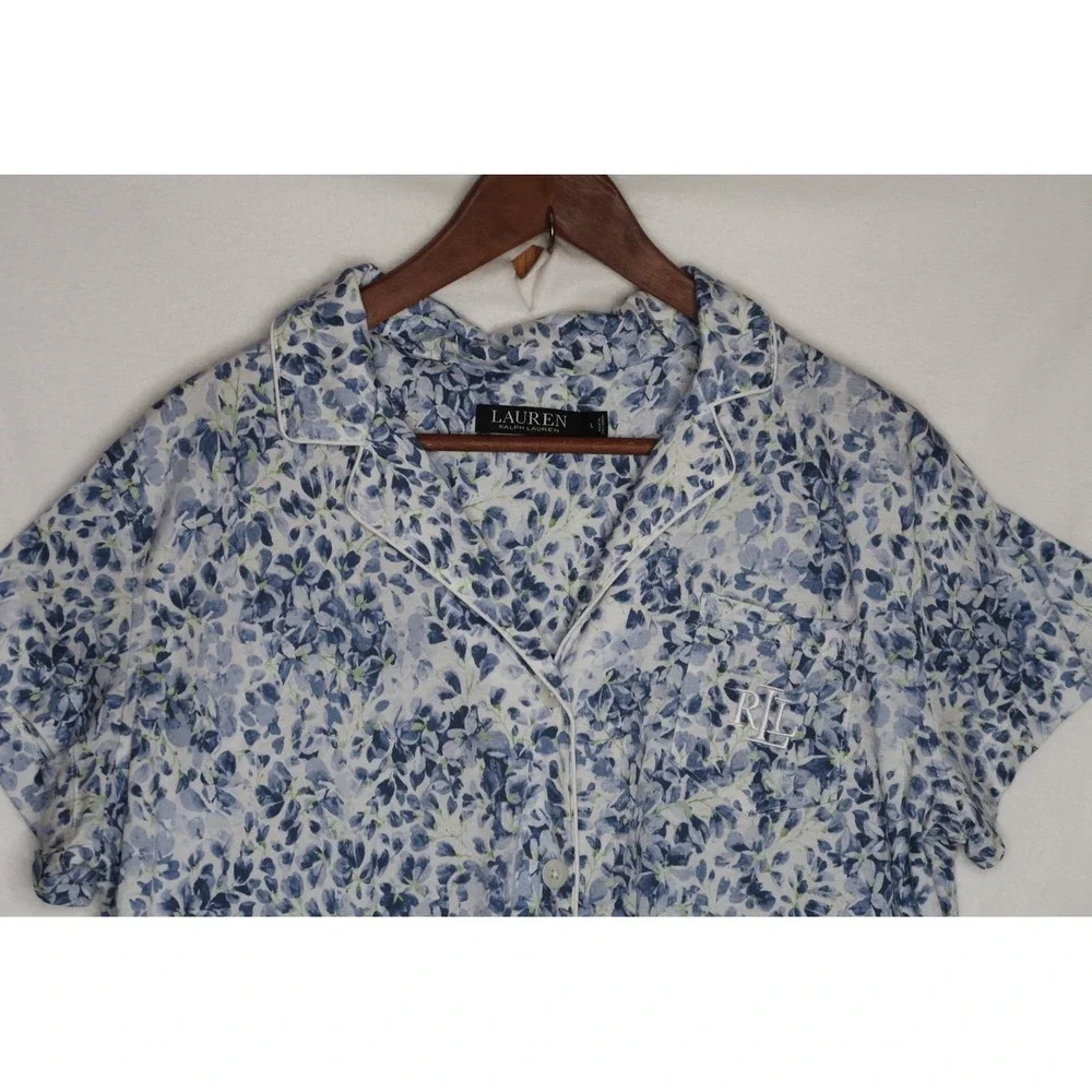 Lauren Ralph Lauren Womens L Blue Floral Button Front Pajama Top Shirt NWT